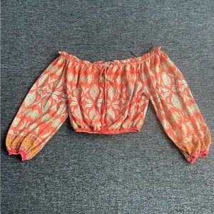Flying Tomato Orange and Gold Off the Shoulder Patterned Summer Crop Blouse